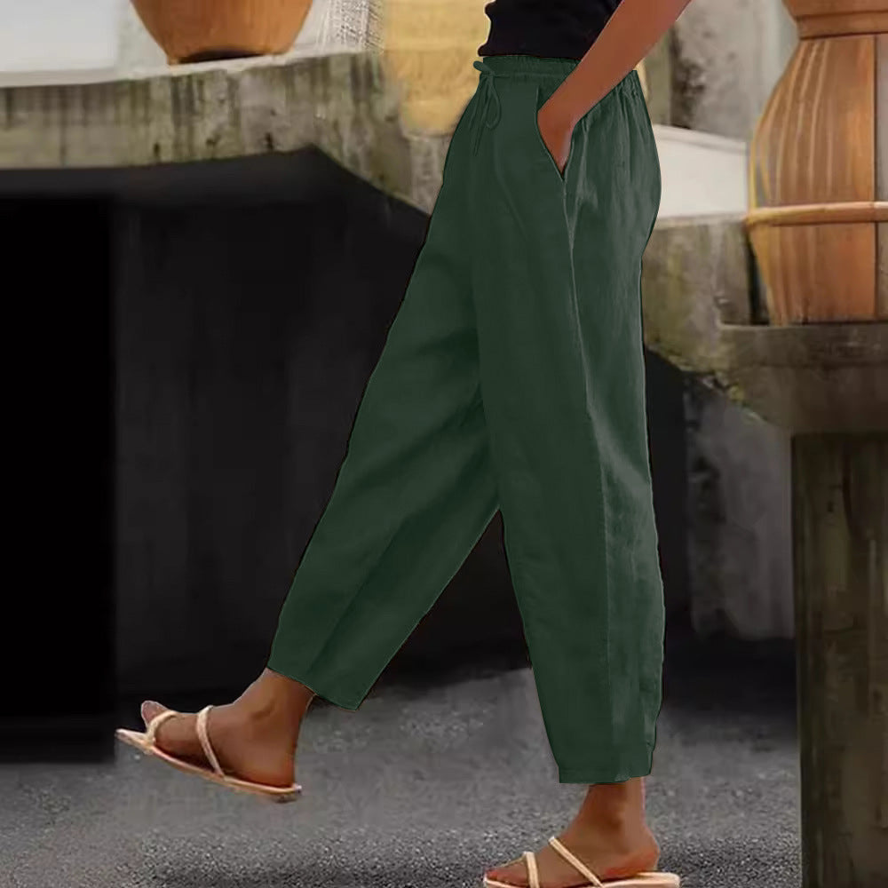 Cotton-Linen Elastic Waist Pants