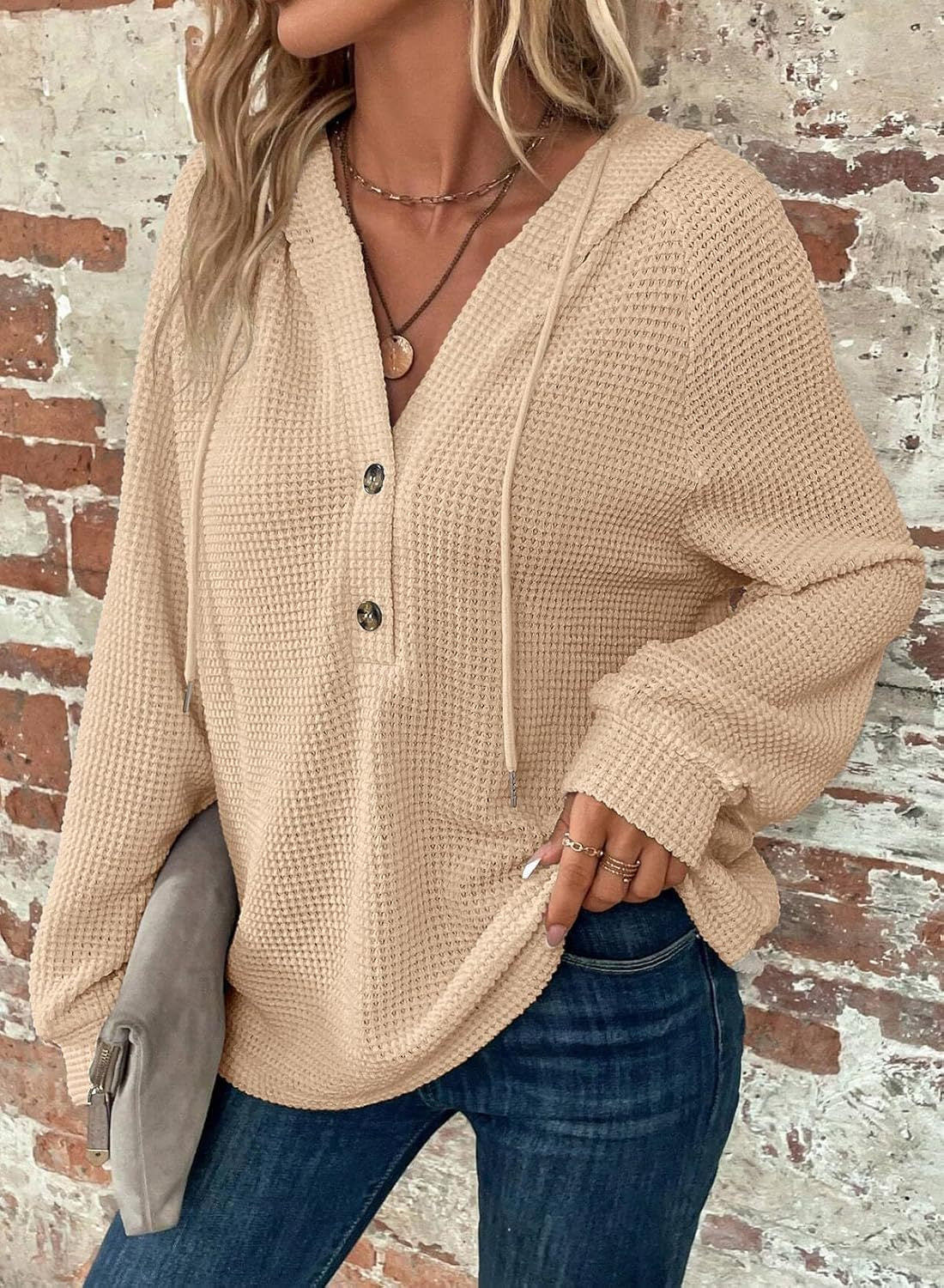 Waffle-Knit Hooded Sweatshirt