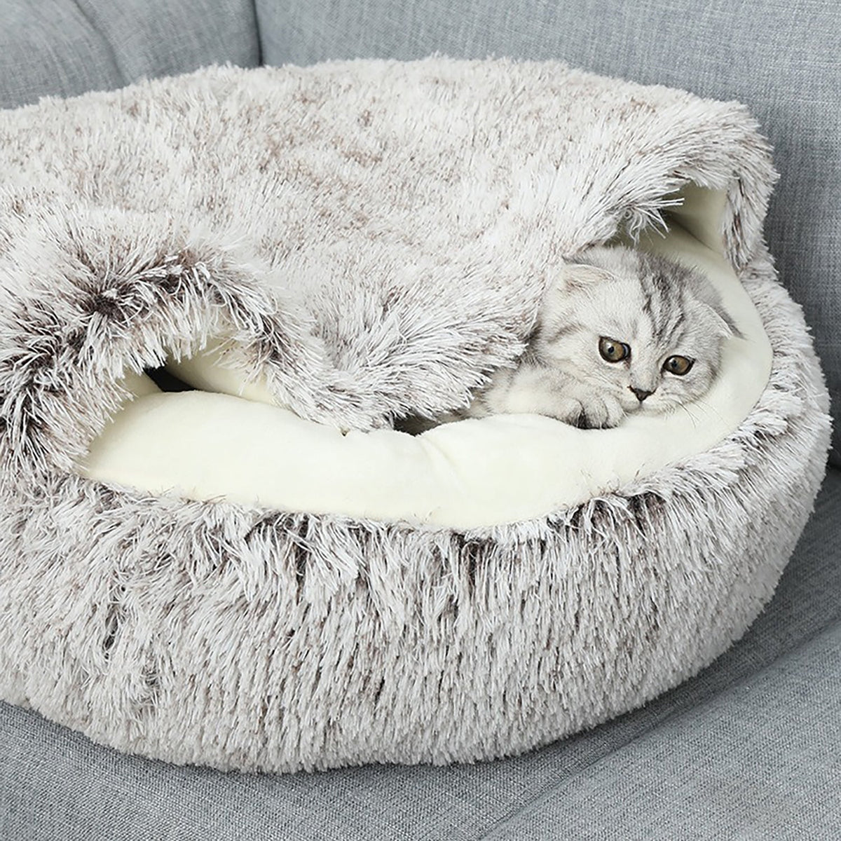 Hooded Plush Donut Cat Bed