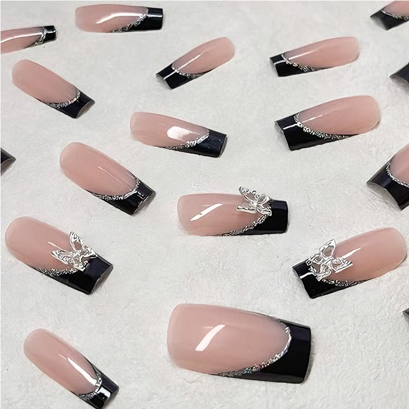 Black & Pink Butterfly Press-On Nails (24 Pcs)