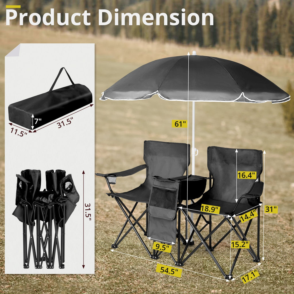2-Seat Folding Camping Chair with Umbrella