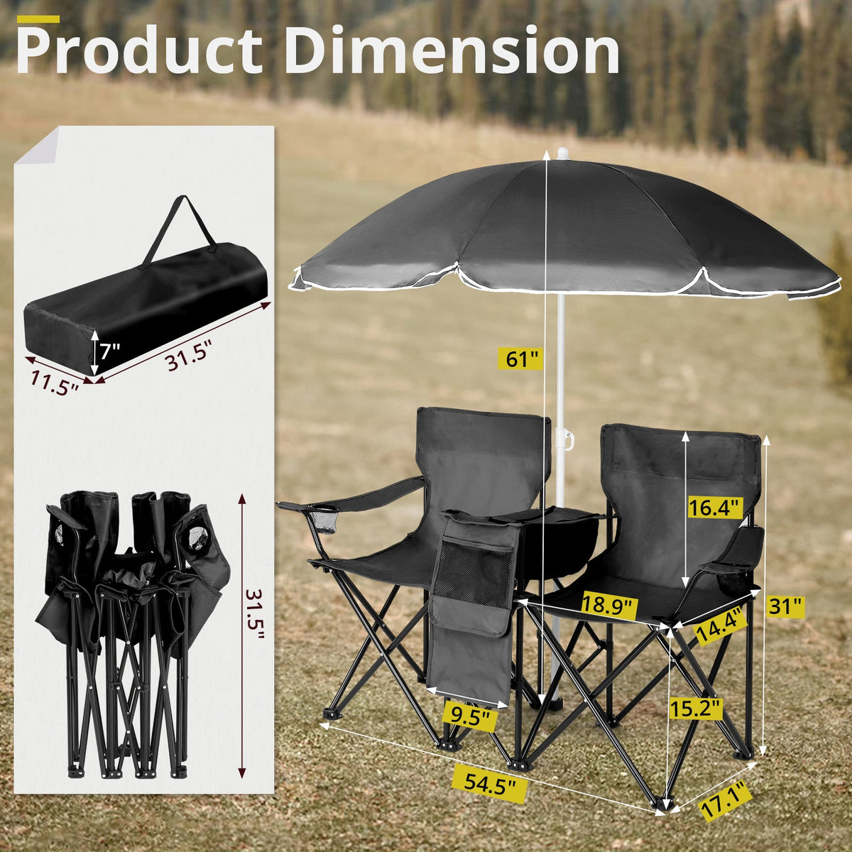 2-Seat Folding Camping Chair with Umbrella