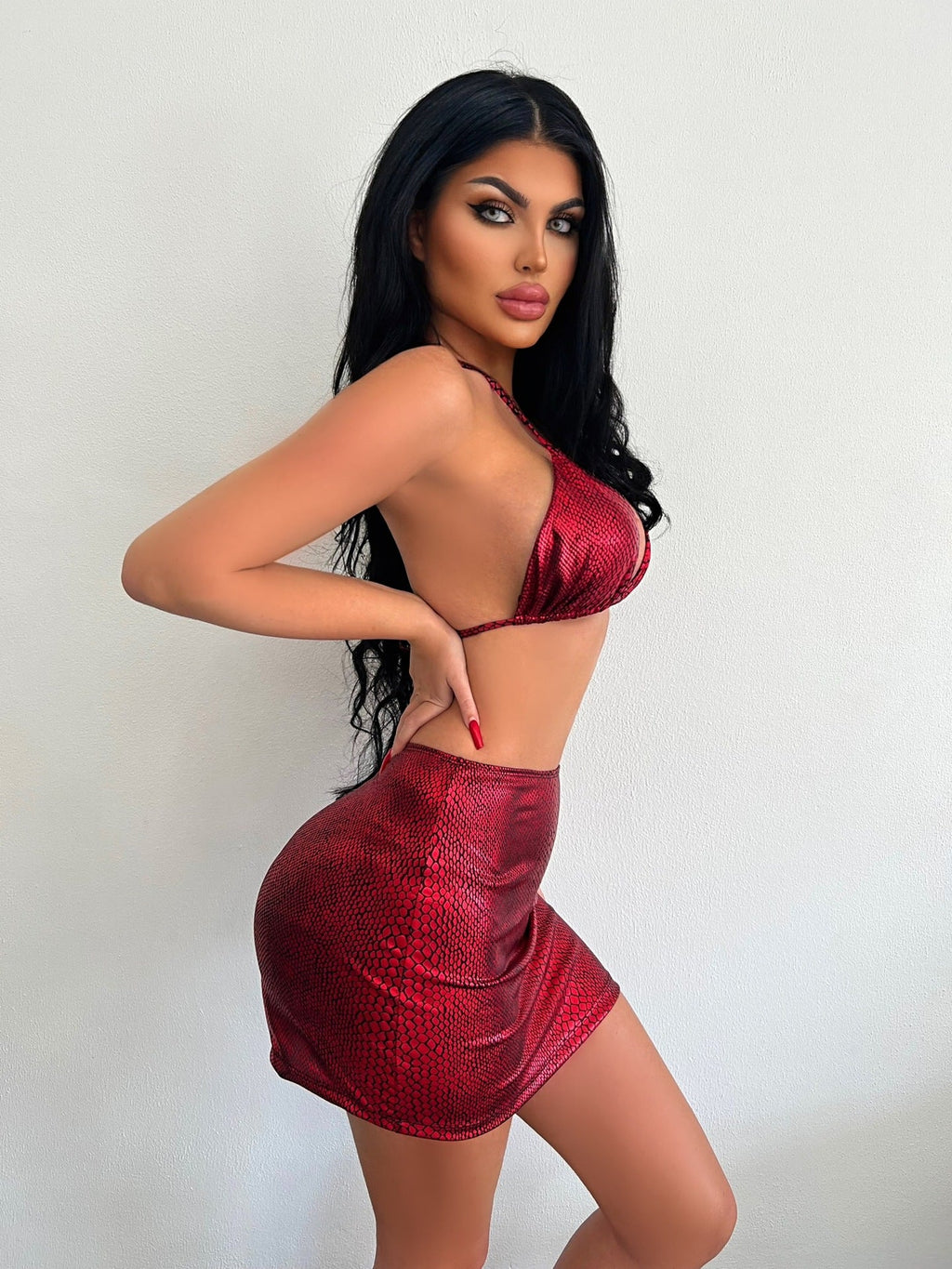 3-Piece Snake Print Bikini with Skirt