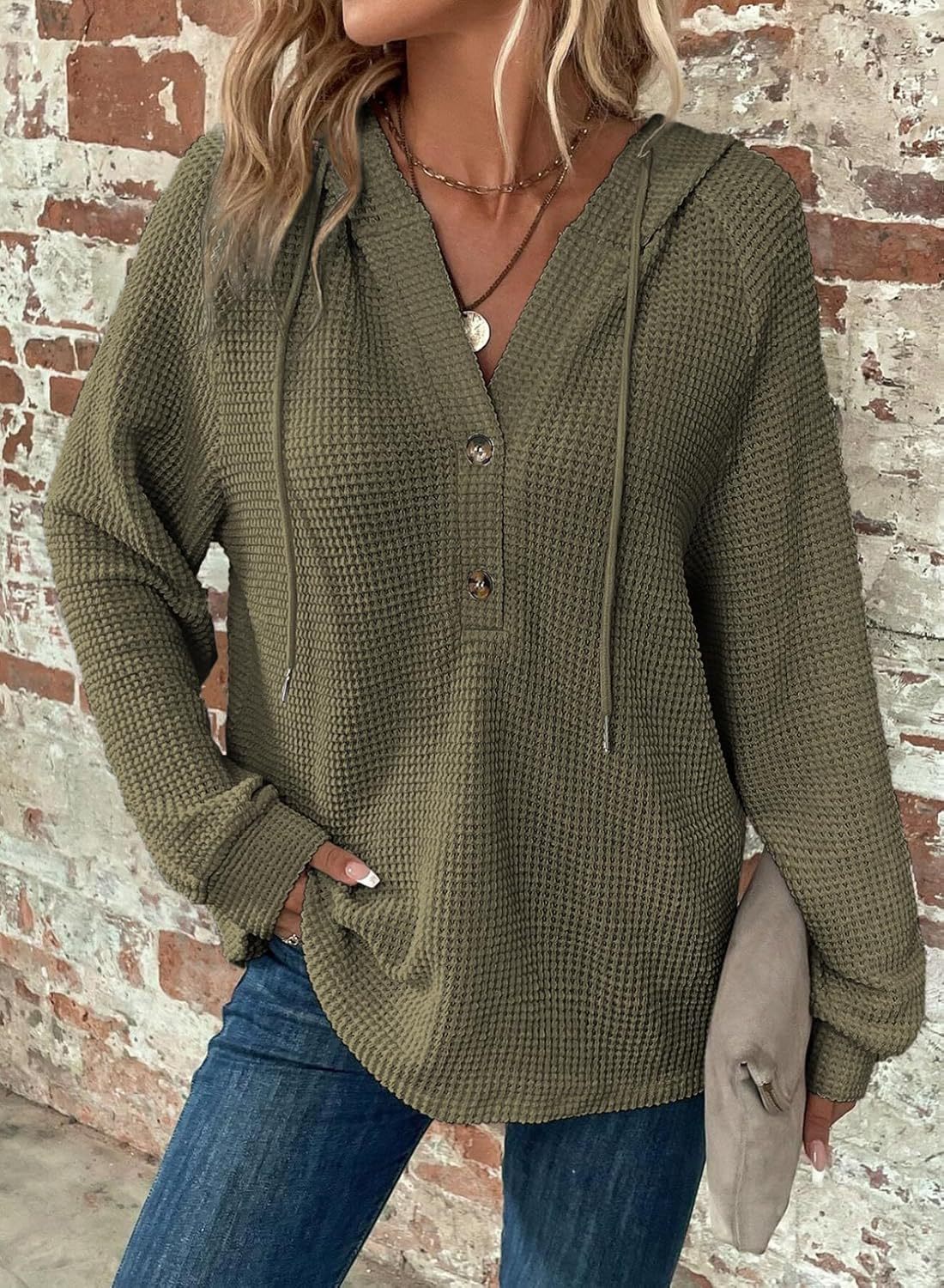 Waffle-Knit Hooded Sweatshirt