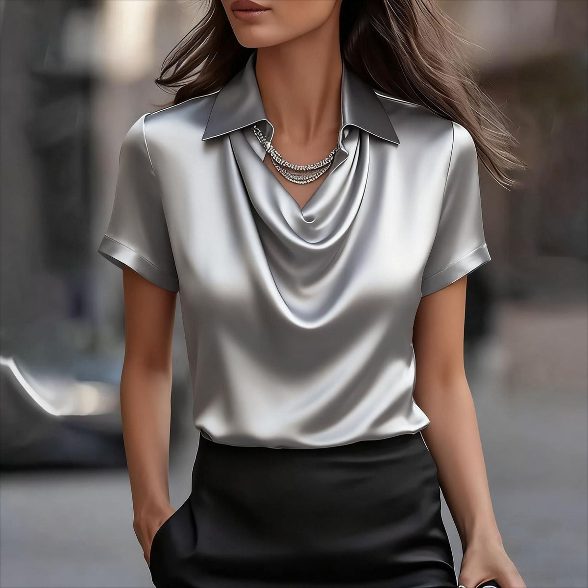 Satin Short-Sleeve Button Shirt