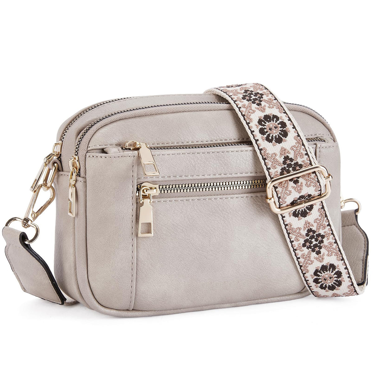 Triple-Zip Crossbody Bag with Embroidered Strap
