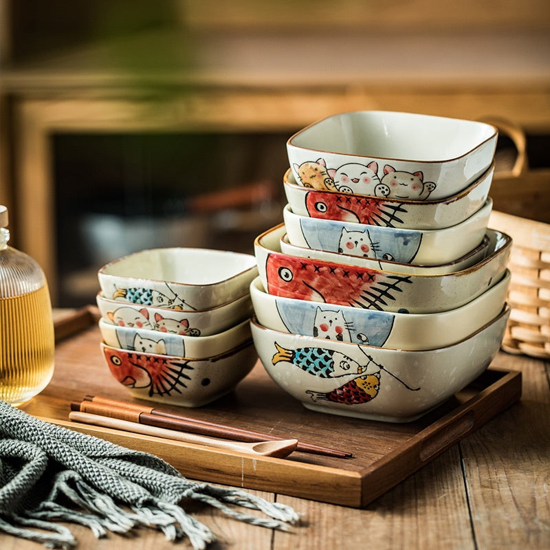 Retro Cat & Fish Ceramic Bowl