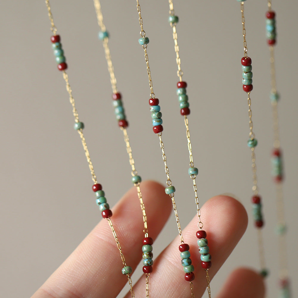 Turquoise & Red Glass Bead Necklace