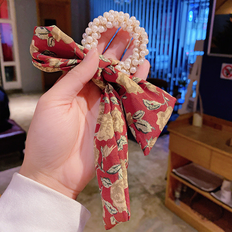 Rose & Ribbon Pearl Hair Tie