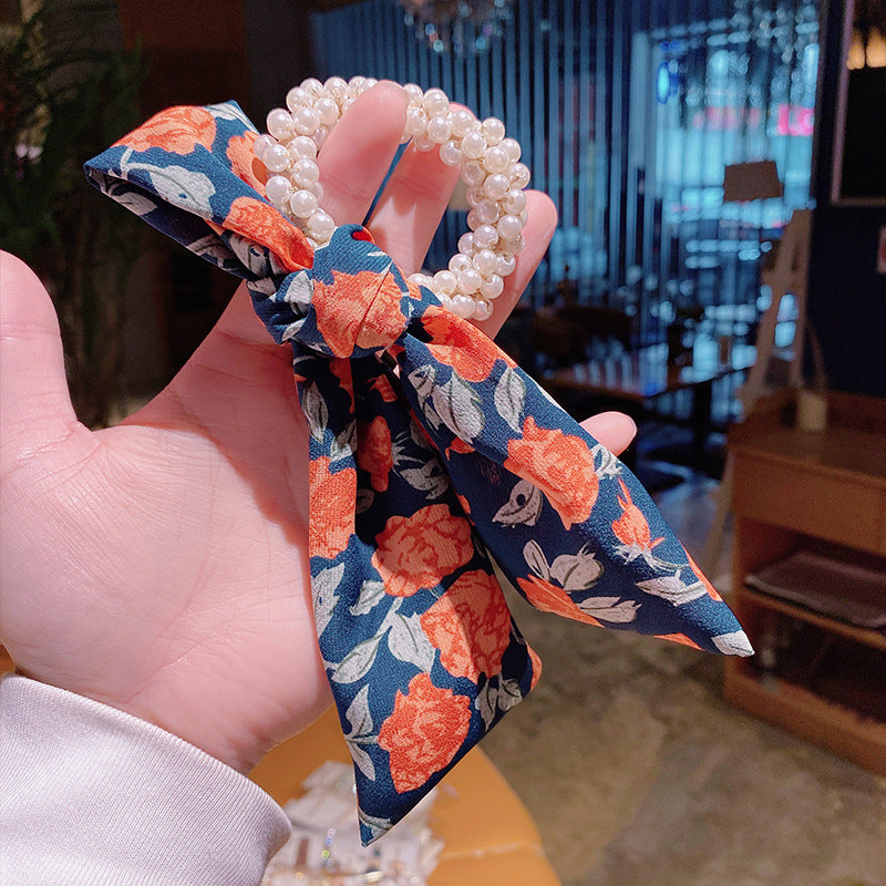Rose & Ribbon Pearl Hair Tie