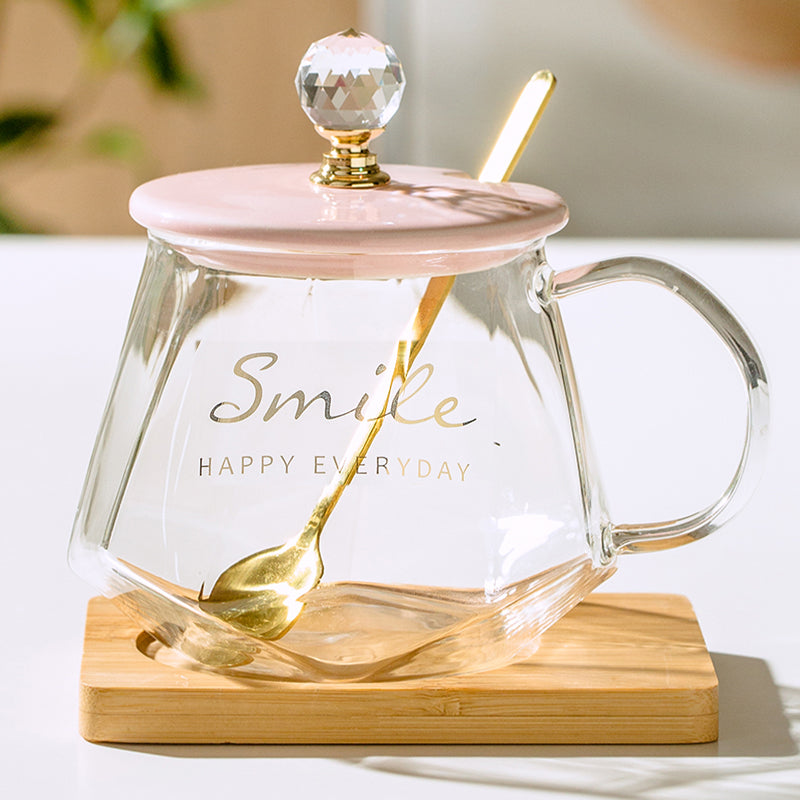 Floral Glass Tea Cup with Lid & Spoon
