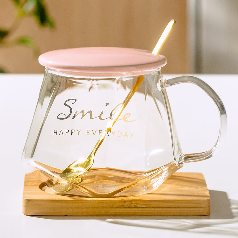 Floral Glass Tea Cup with Lid & Spoon
