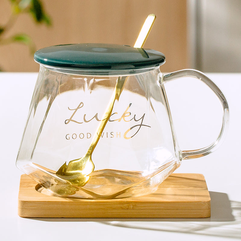 Floral Glass Tea Cup with Lid & Spoon