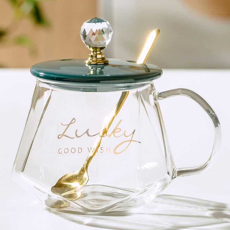 Floral Glass Tea Cup with Lid & Spoon