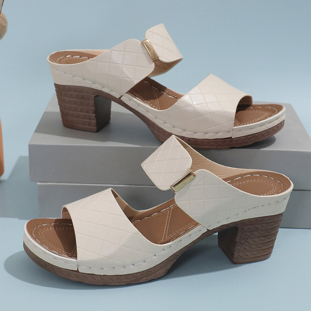 Women's Plaid Chunky Heel Slides
