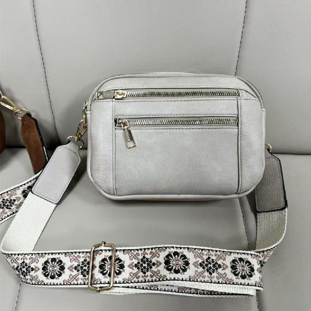 Triple-Zip Crossbody Bag with Embroidered Strap