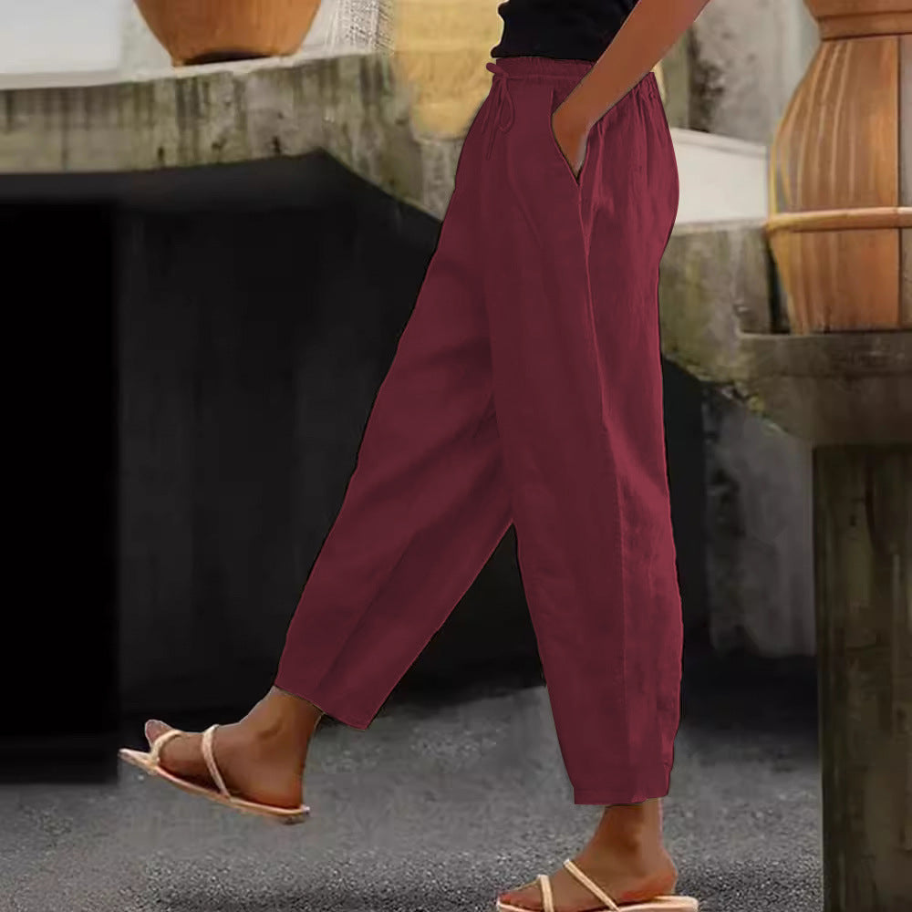 Cotton-Linen Elastic Waist Pants