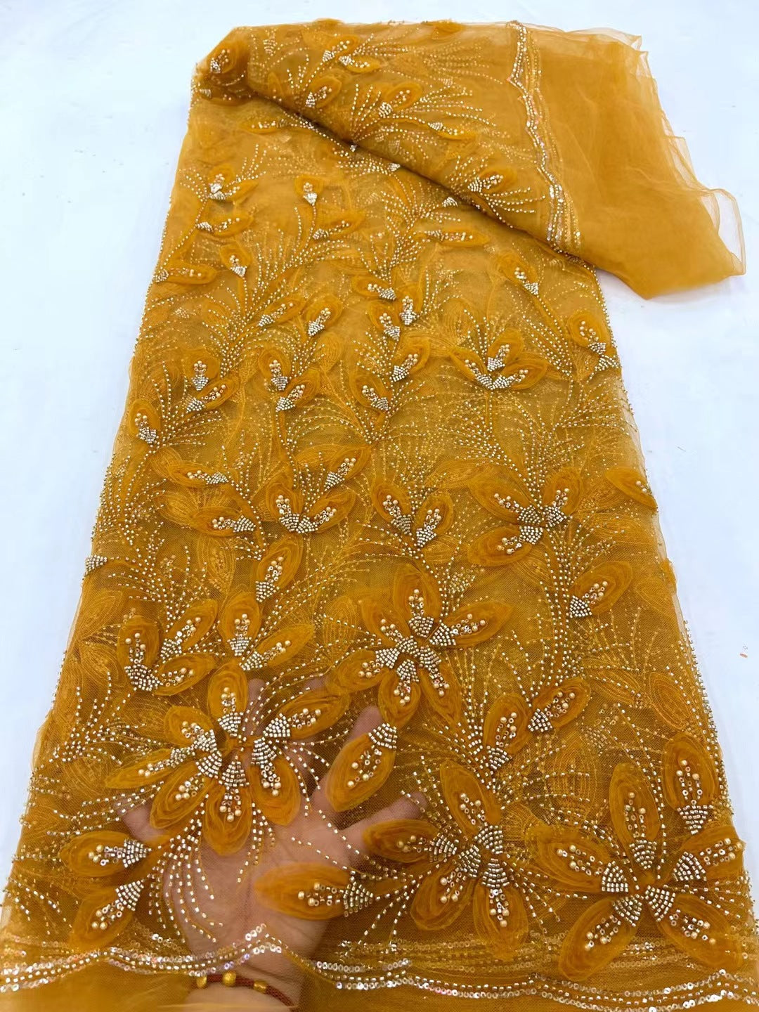Floral Beaded Tulle Lace Fabric (5 Yards)