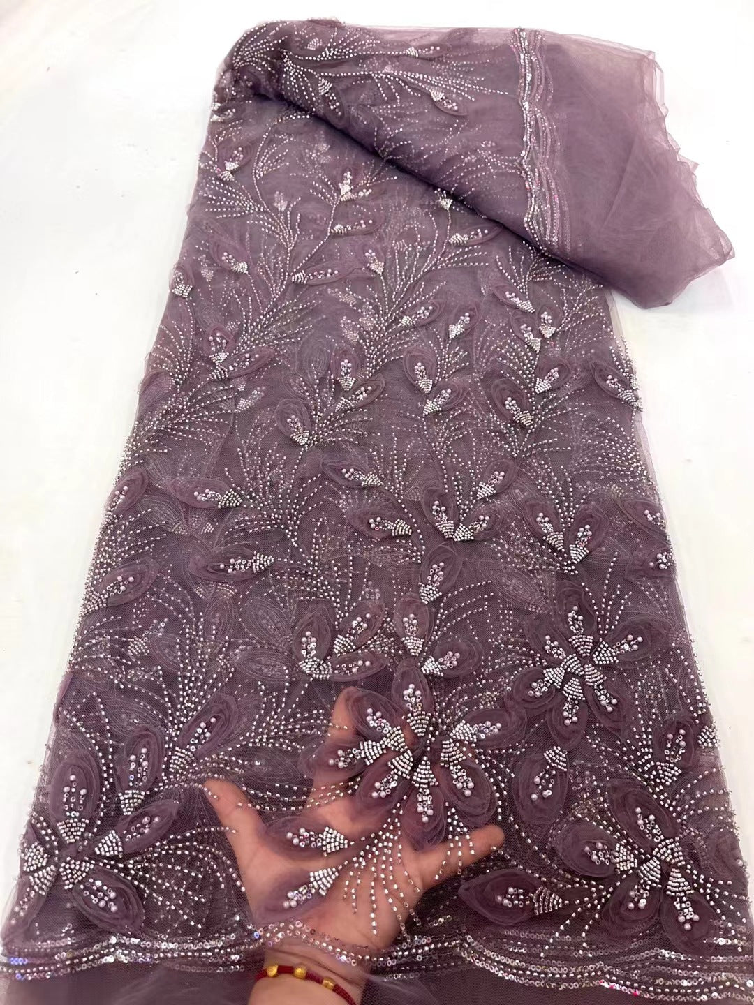 Floral Beaded Tulle Lace Fabric (5 Yards)