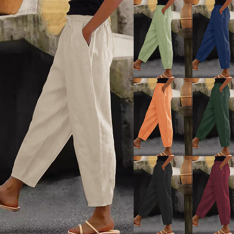 Cotton-Linen Elastic Waist Pants