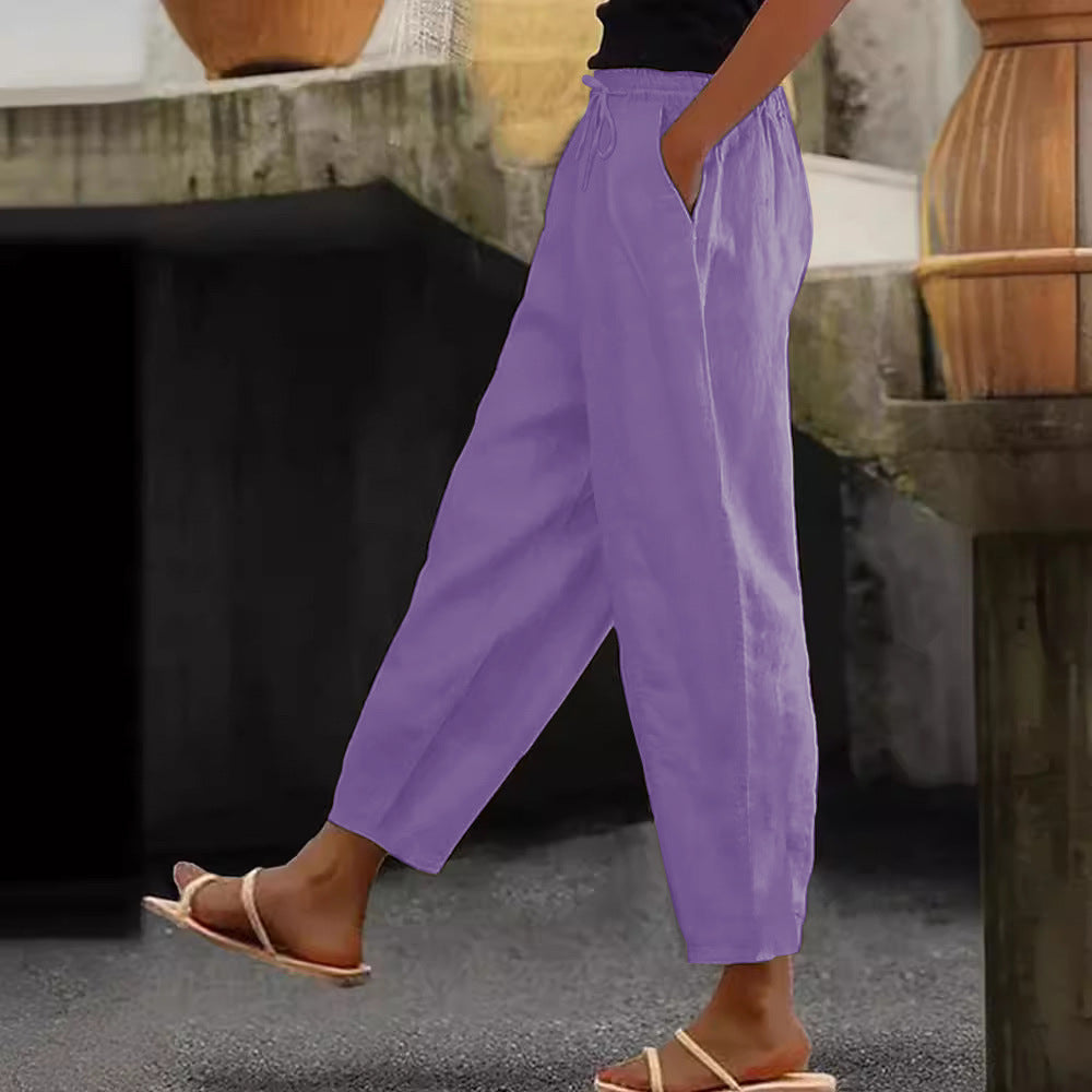 Cotton-Linen Elastic Waist Pants