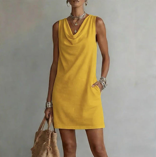 Draped-Neck Sleeveless Dress