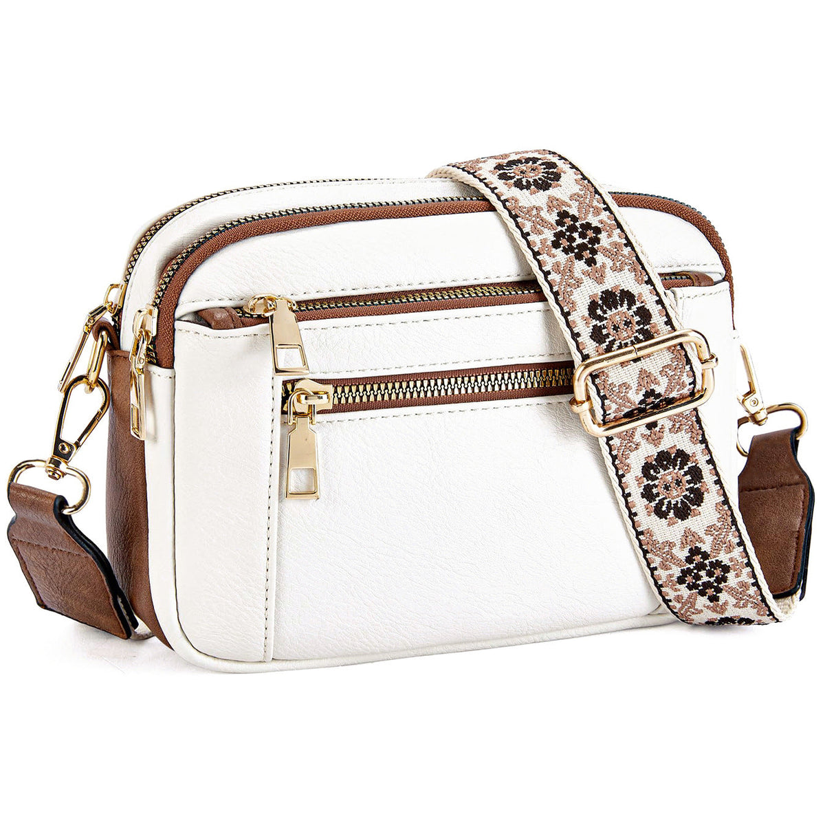 Triple-Zip Crossbody Bag with Embroidered Strap