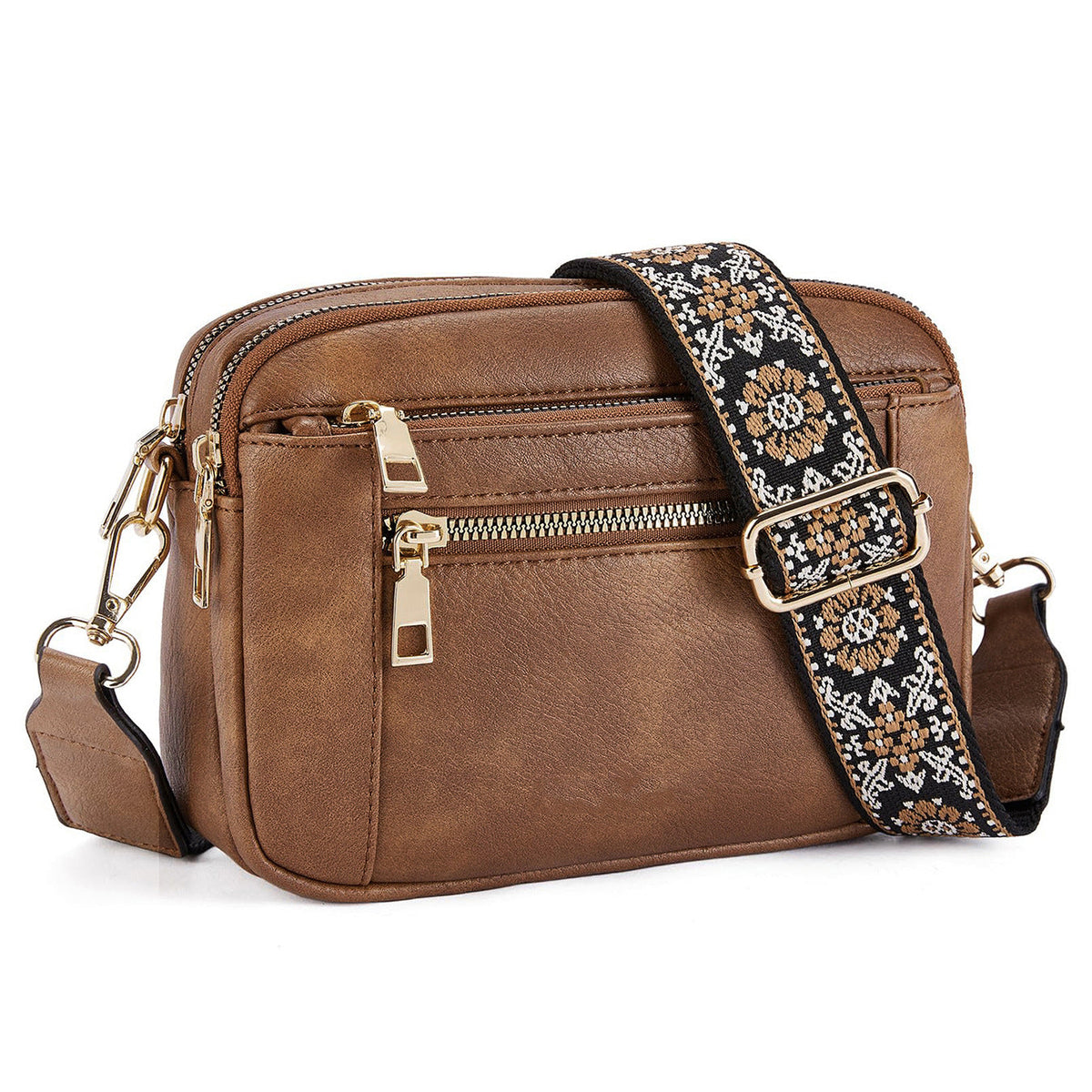 Triple-Zip Crossbody Bag with Embroidered Strap