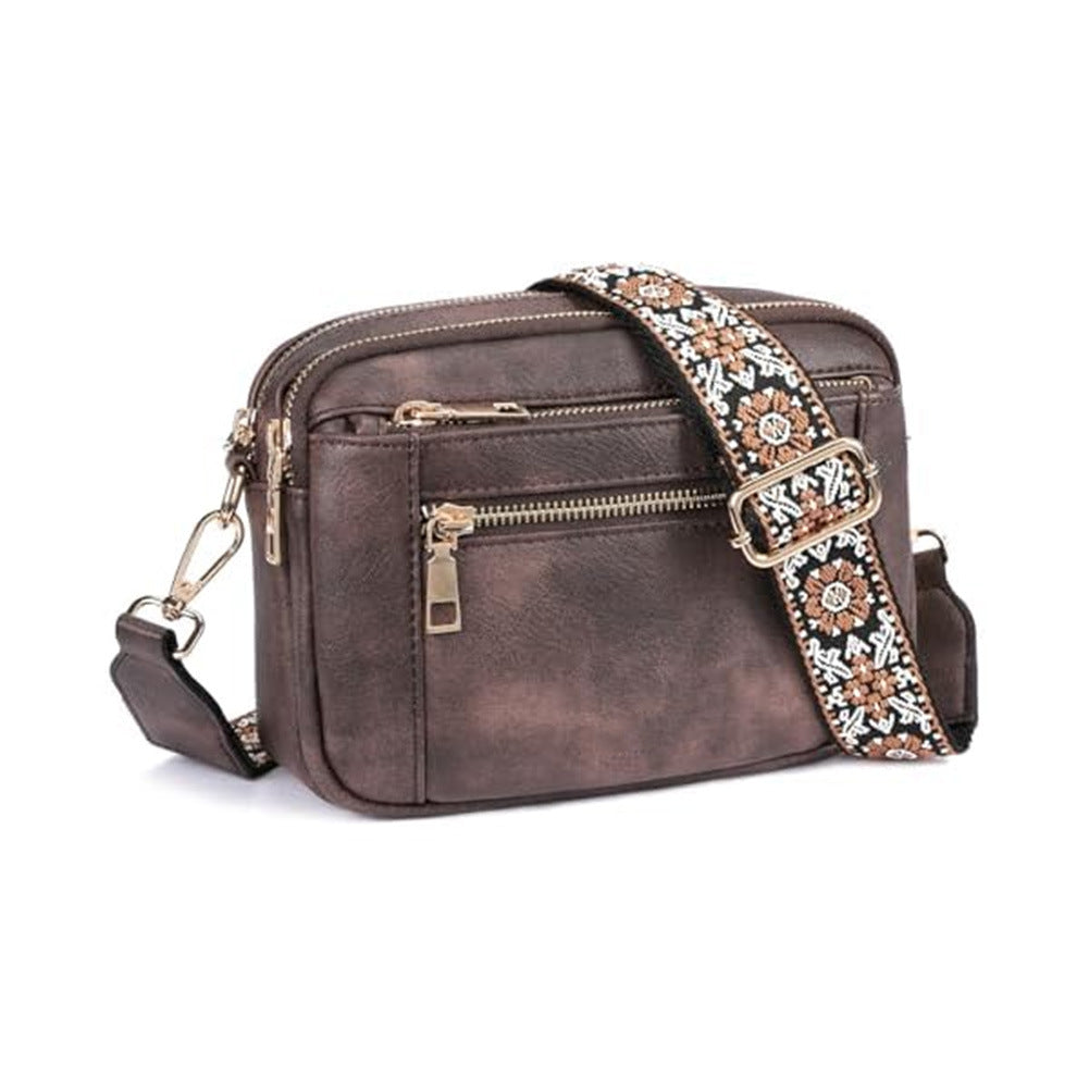 Triple-Zip Crossbody Bag with Embroidered Strap