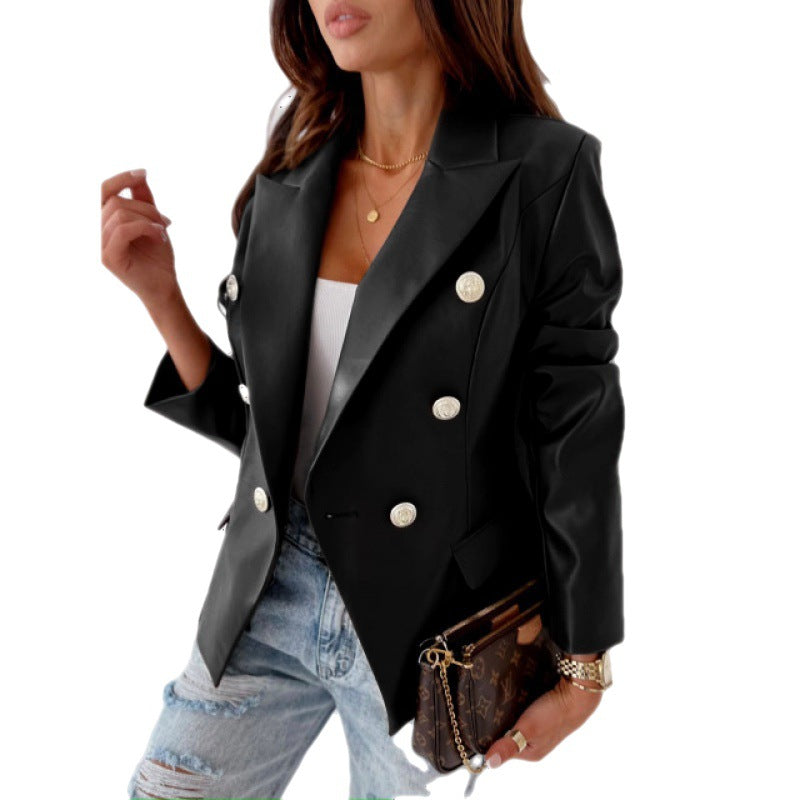 Women's Faux Leather Double-Breasted Blazer