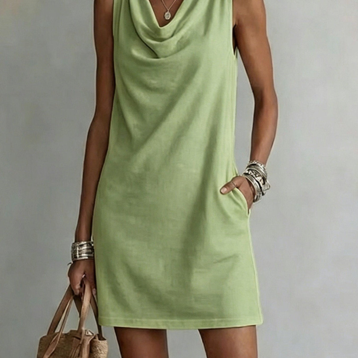 Draped-Neck Sleeveless Dress