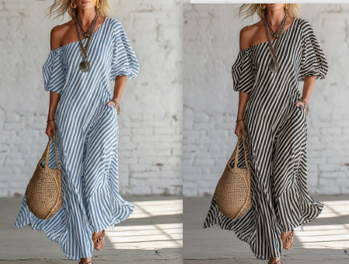 Striped Off-Shoulder Maxi Dress