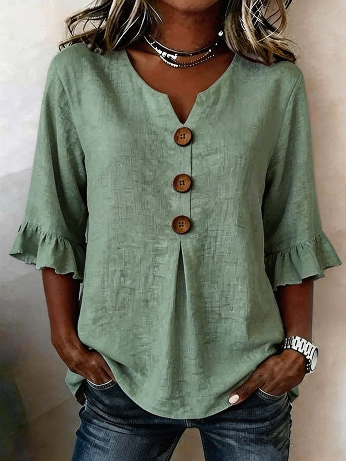 Ruffle-Sleeve Button Blouse