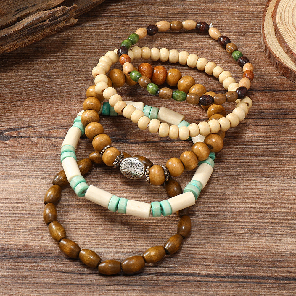 Wooden Bead Flower Bracelets (5 pcs)