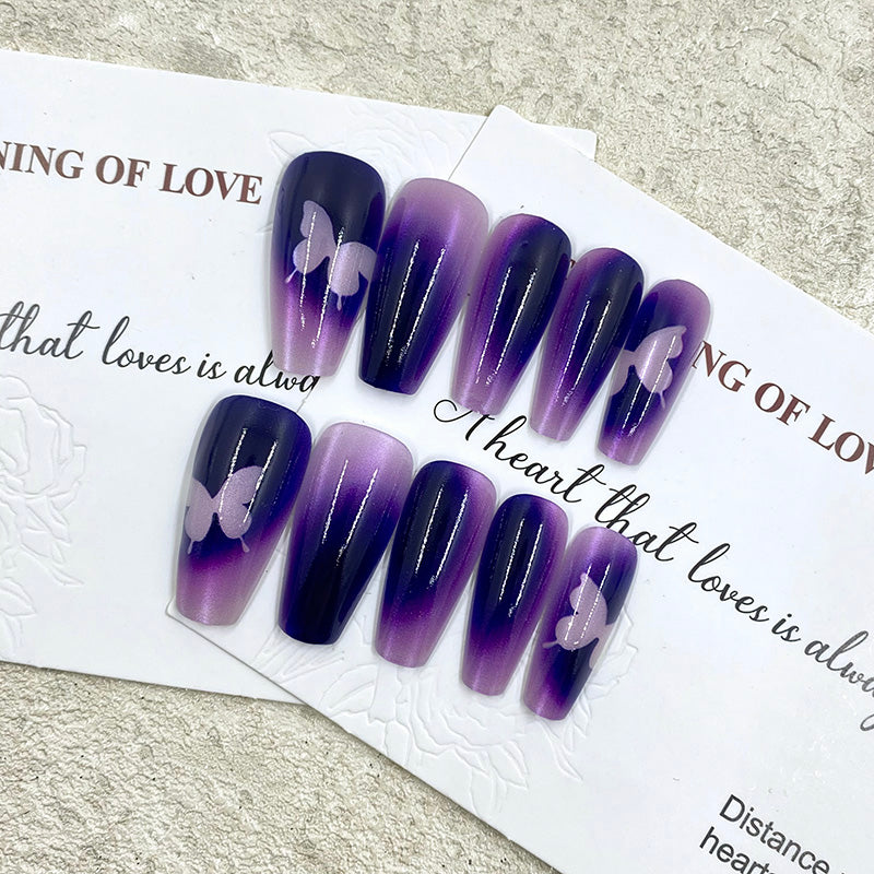 Purple Cat-Eye Butterfly Press-On Nails