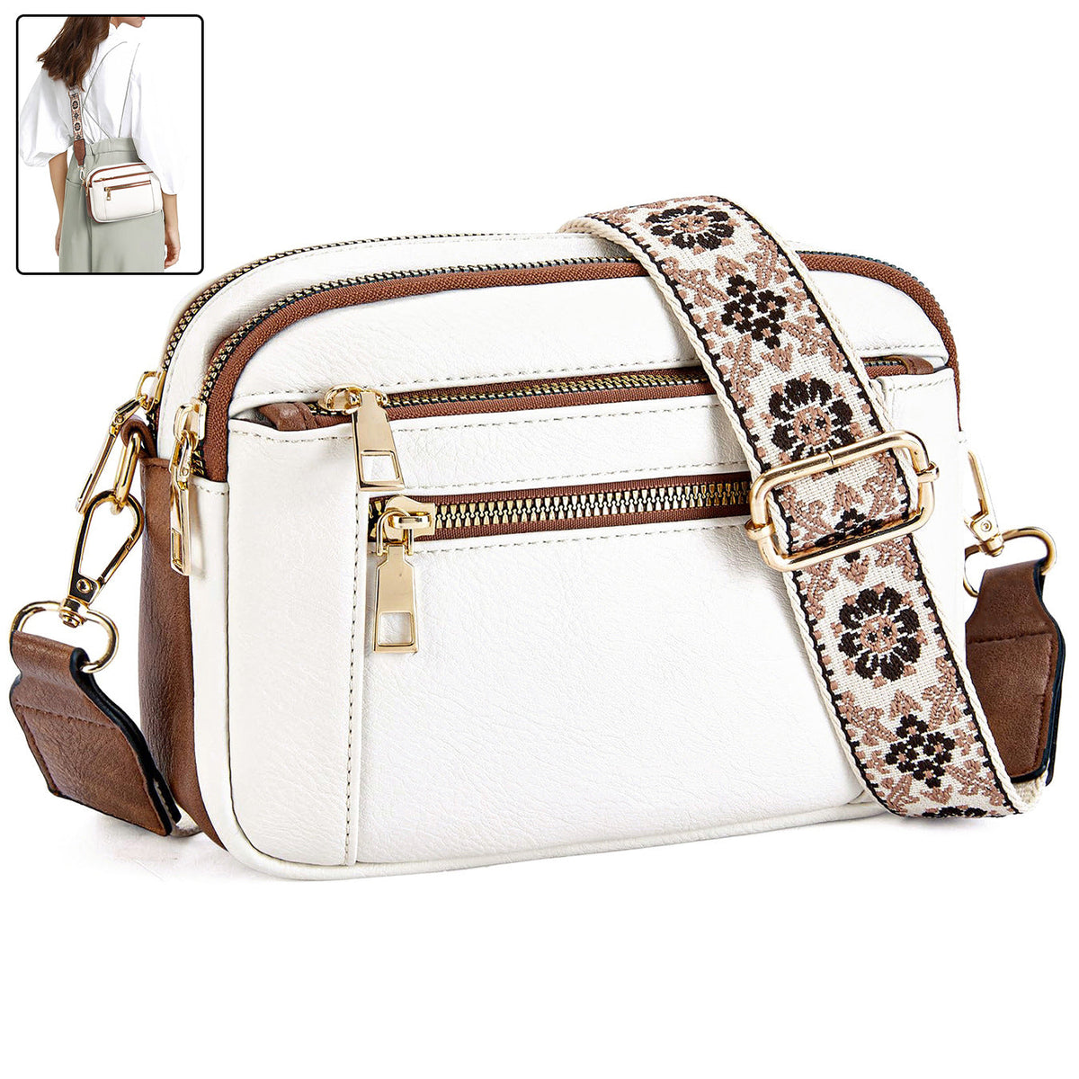 Triple-Zip Crossbody Bag with Embroidered Strap