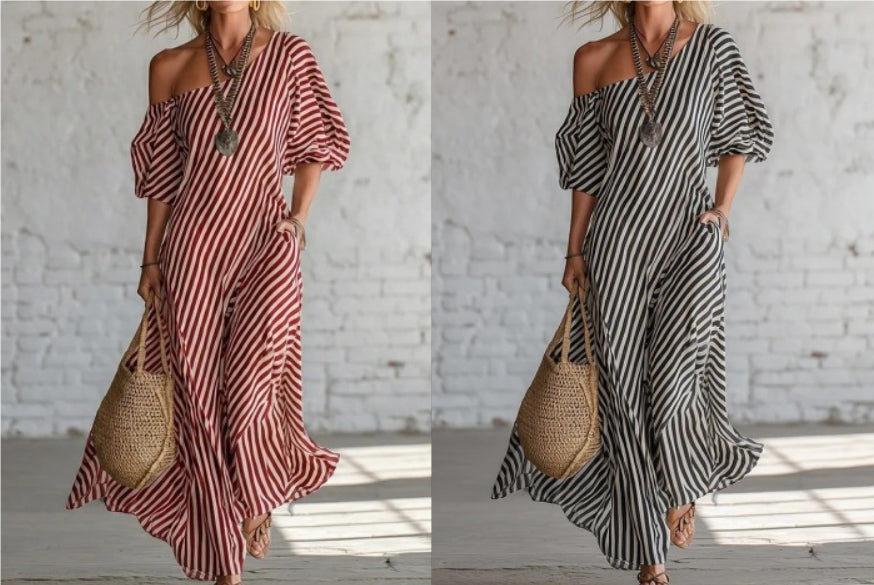 Striped Off-Shoulder Maxi Dress