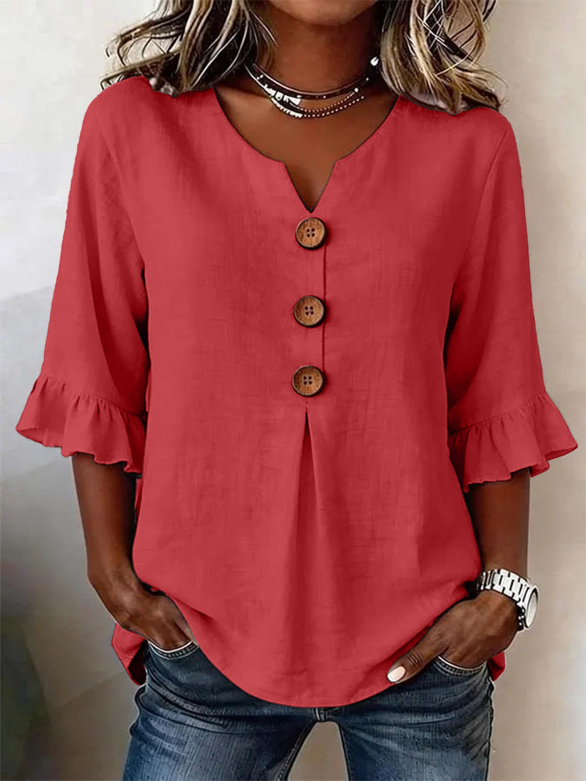 Ruffle-Sleeve Button Blouse