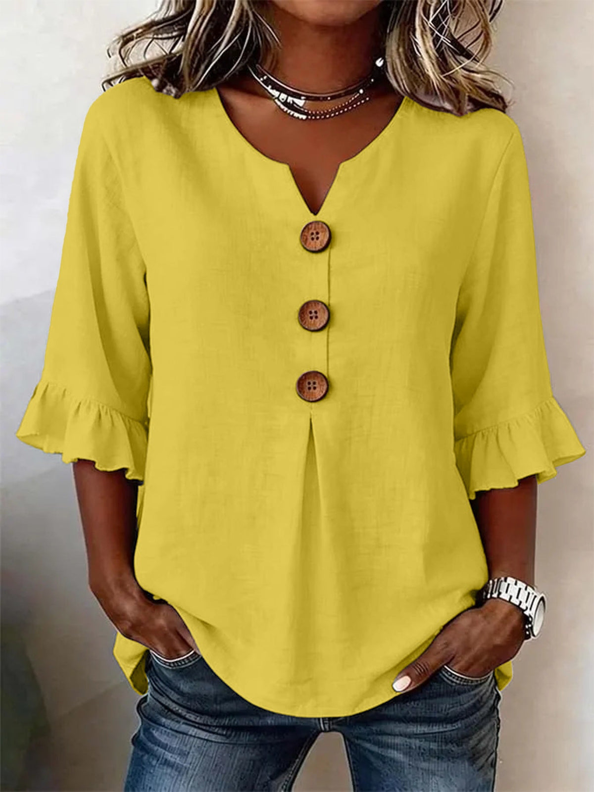 Ruffle-Sleeve Button Blouse