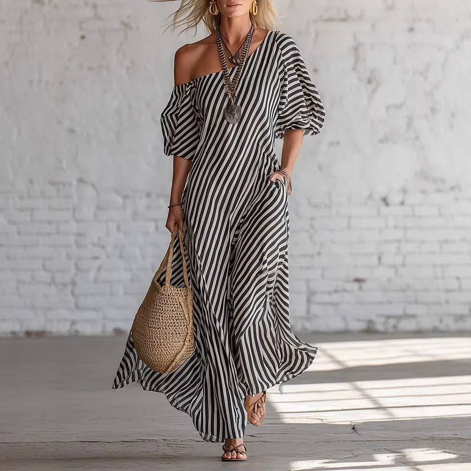 Striped Off-Shoulder Maxi Dress