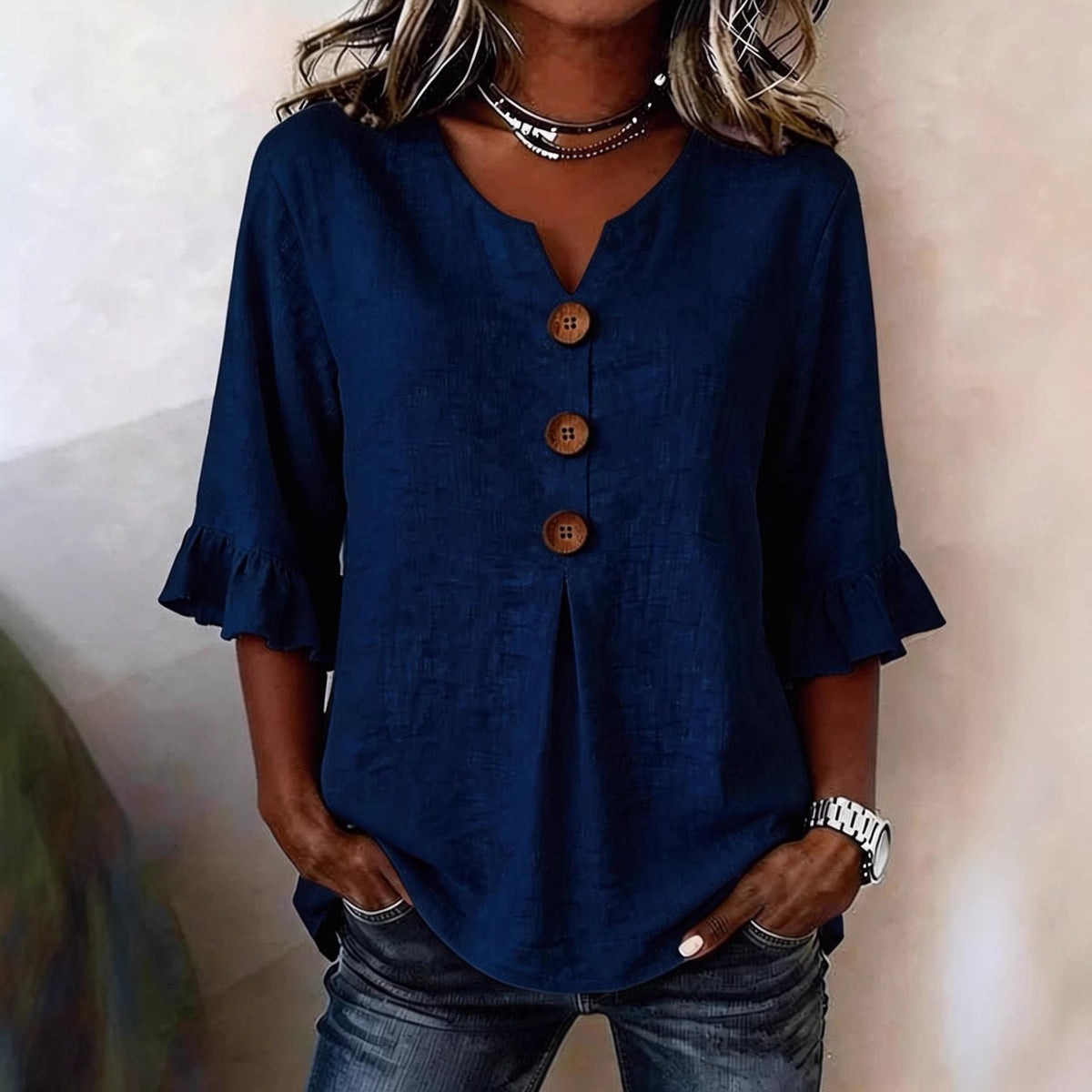 Ruffle-Sleeve Button Blouse