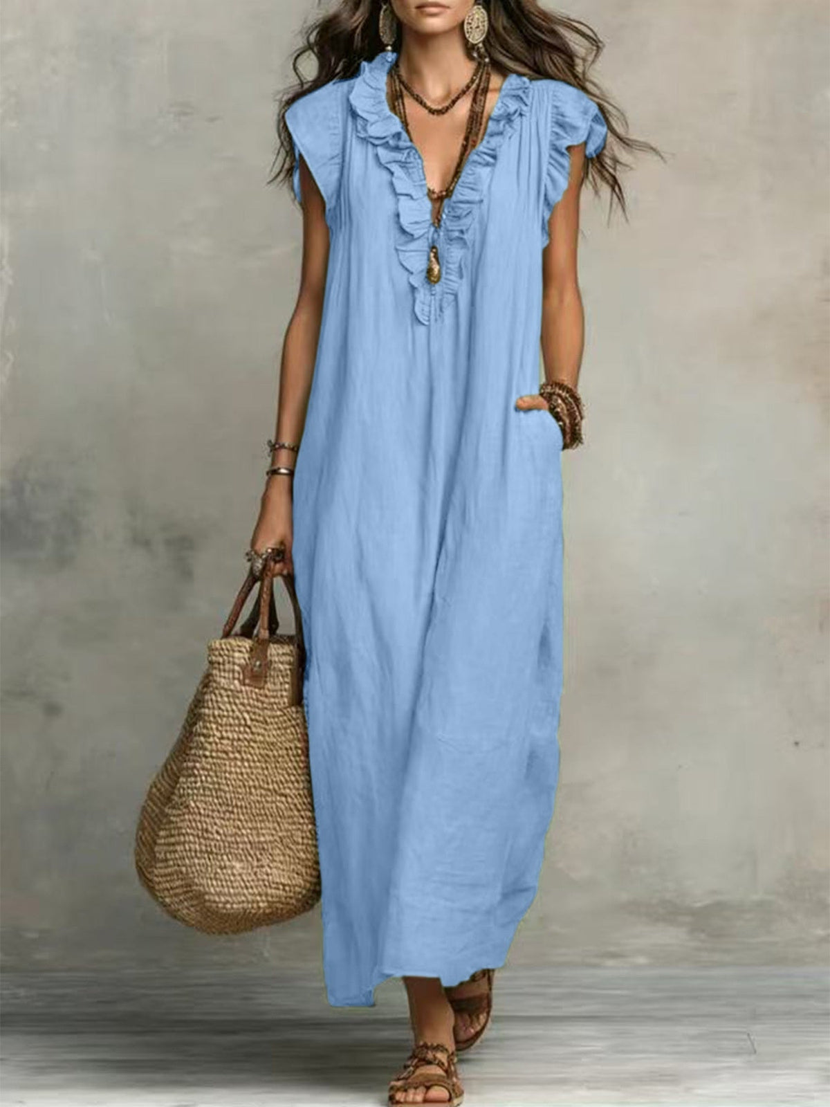 Women's Ruffle A-Line Dress with Pockets