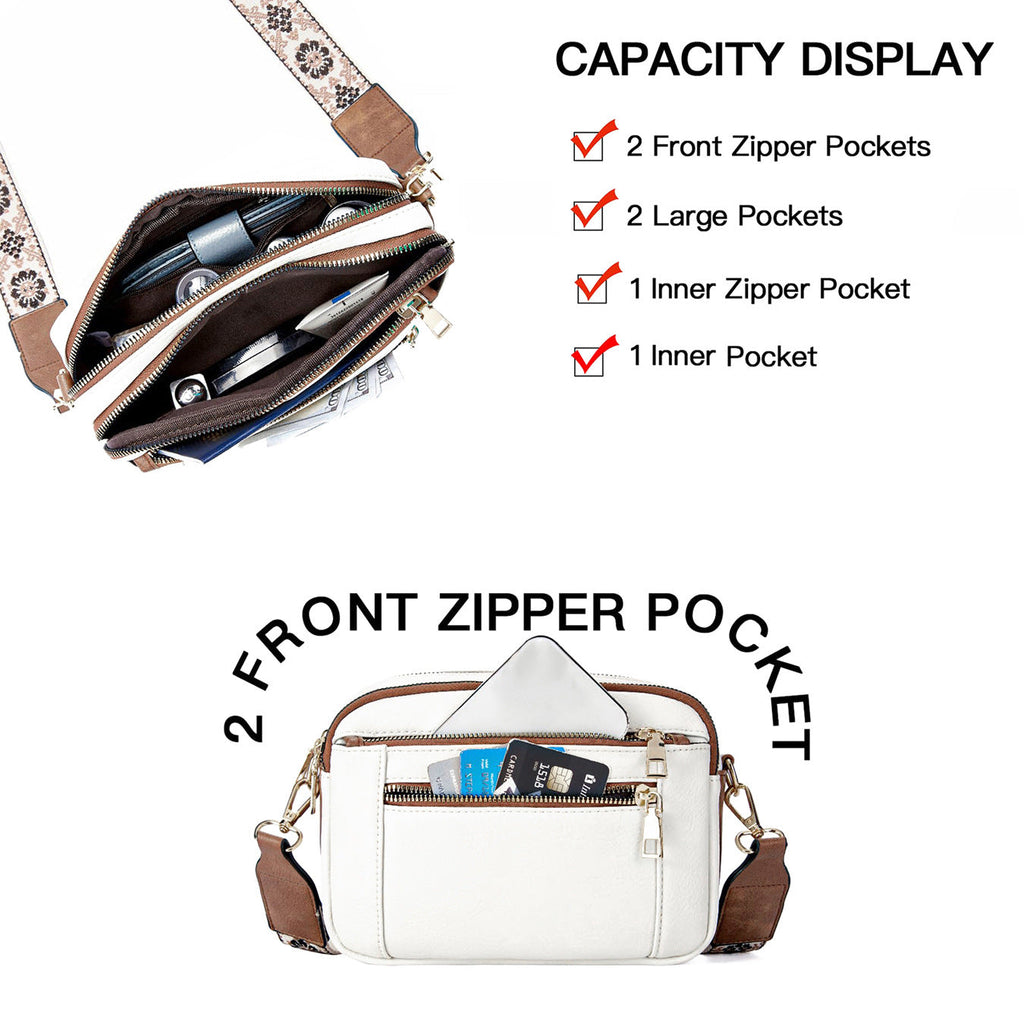 Triple-Zip Crossbody Bag with Embroidered Strap