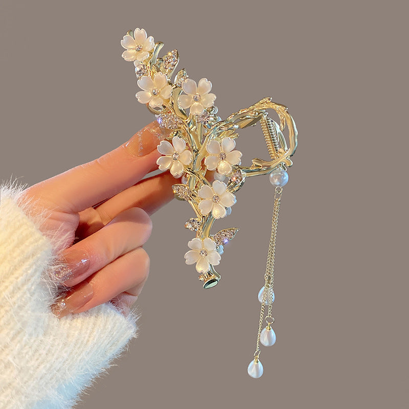 Pearl & Rhinestone Tassel Hair Claw Clip