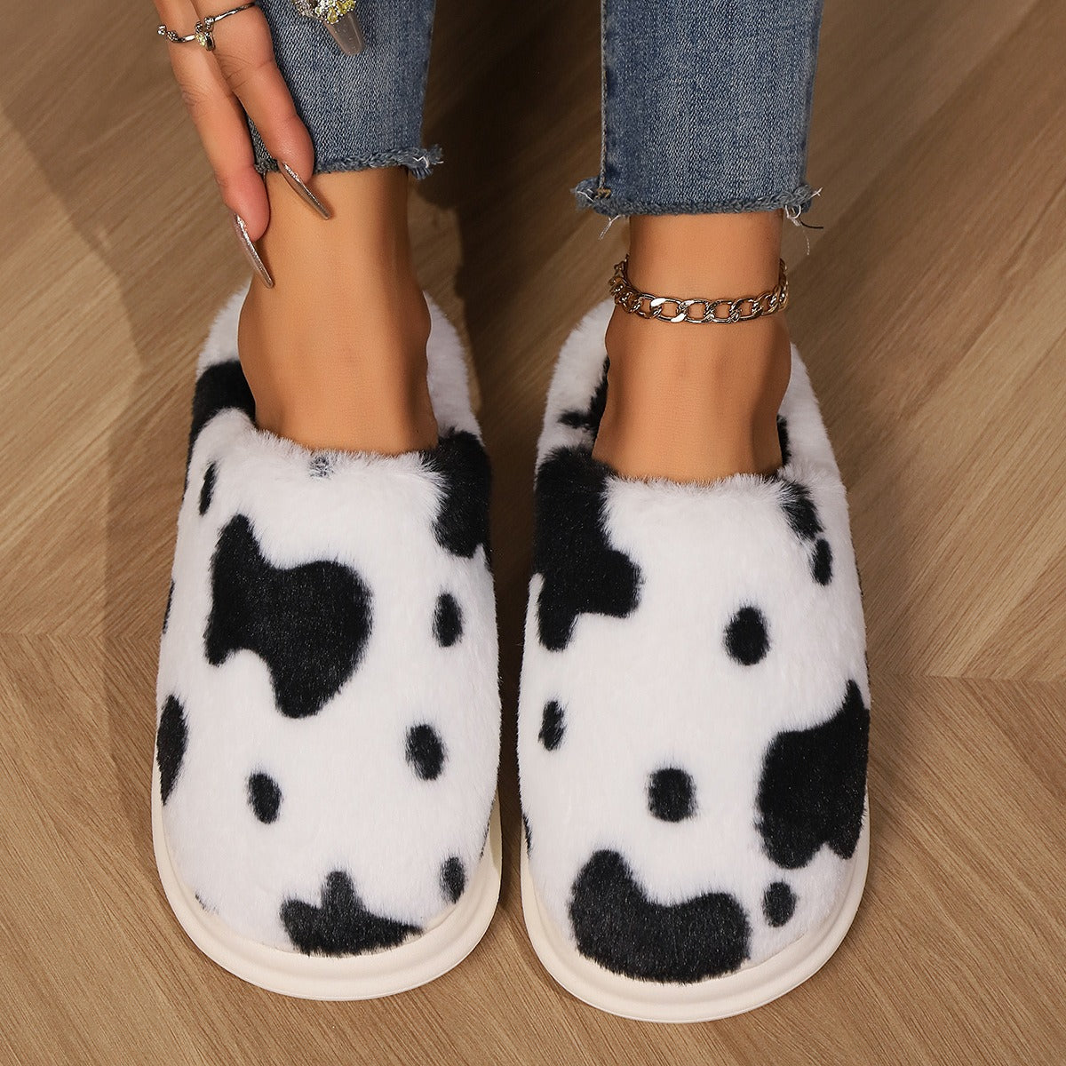Cow Print Plush Slippers