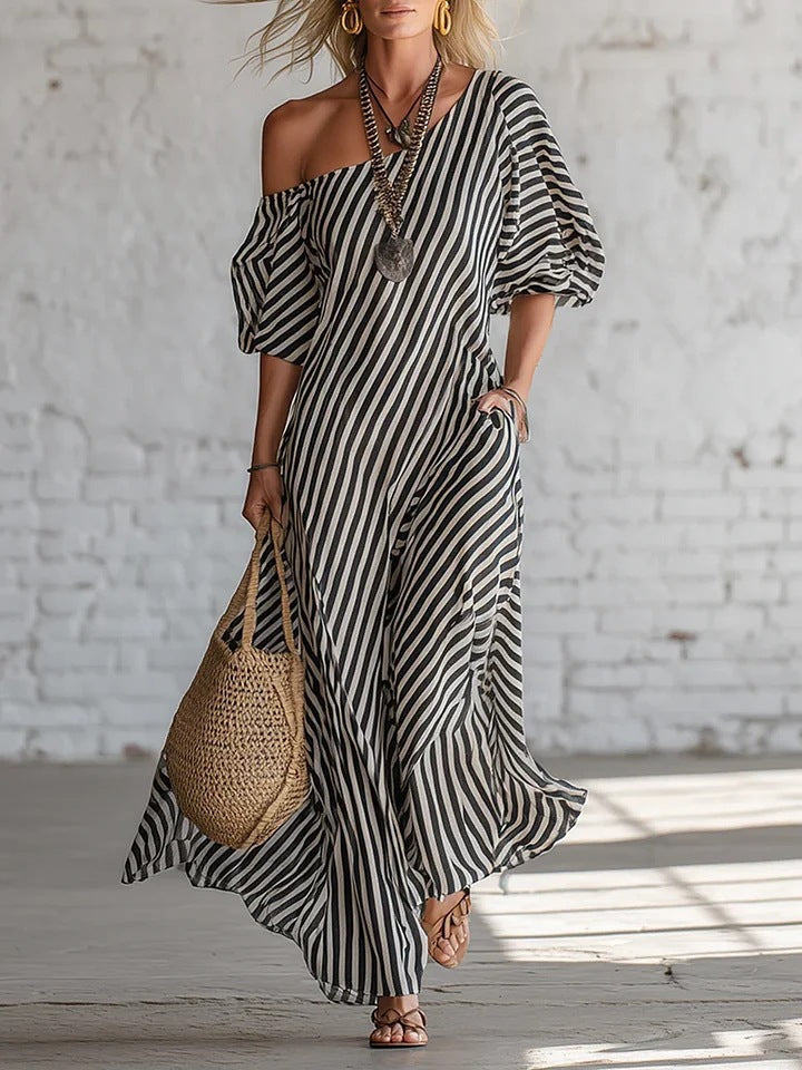 Striped Off-Shoulder Maxi Dress