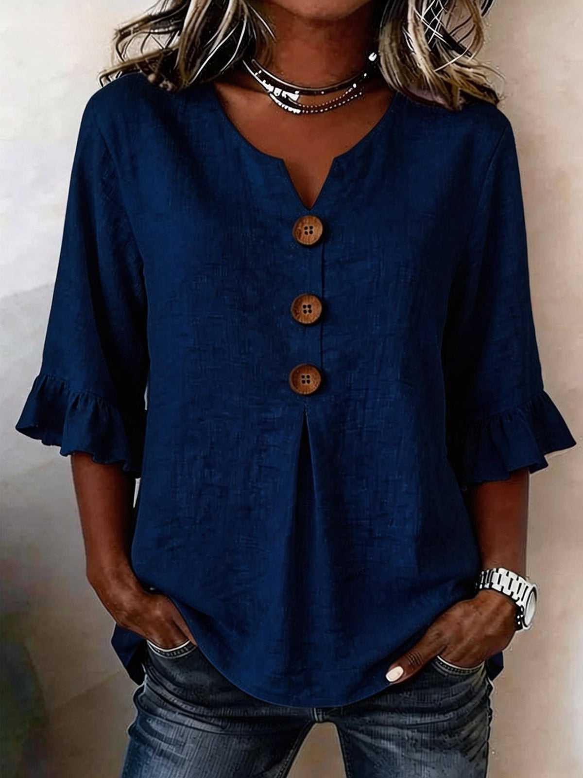 Ruffle-Sleeve Button Blouse