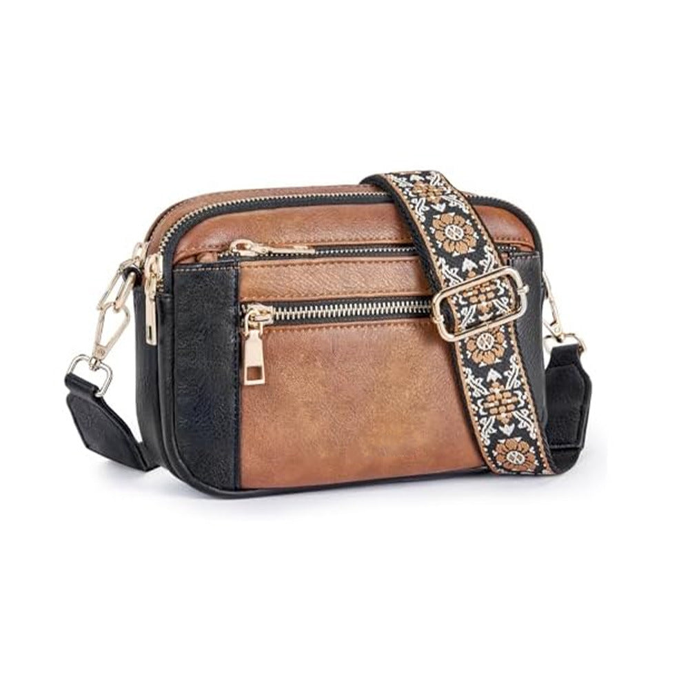 Triple-Zip Crossbody Bag with Embroidered Strap