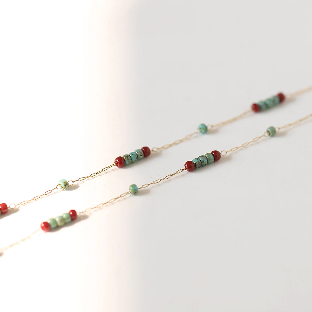 Turquoise & Red Glass Bead Necklace