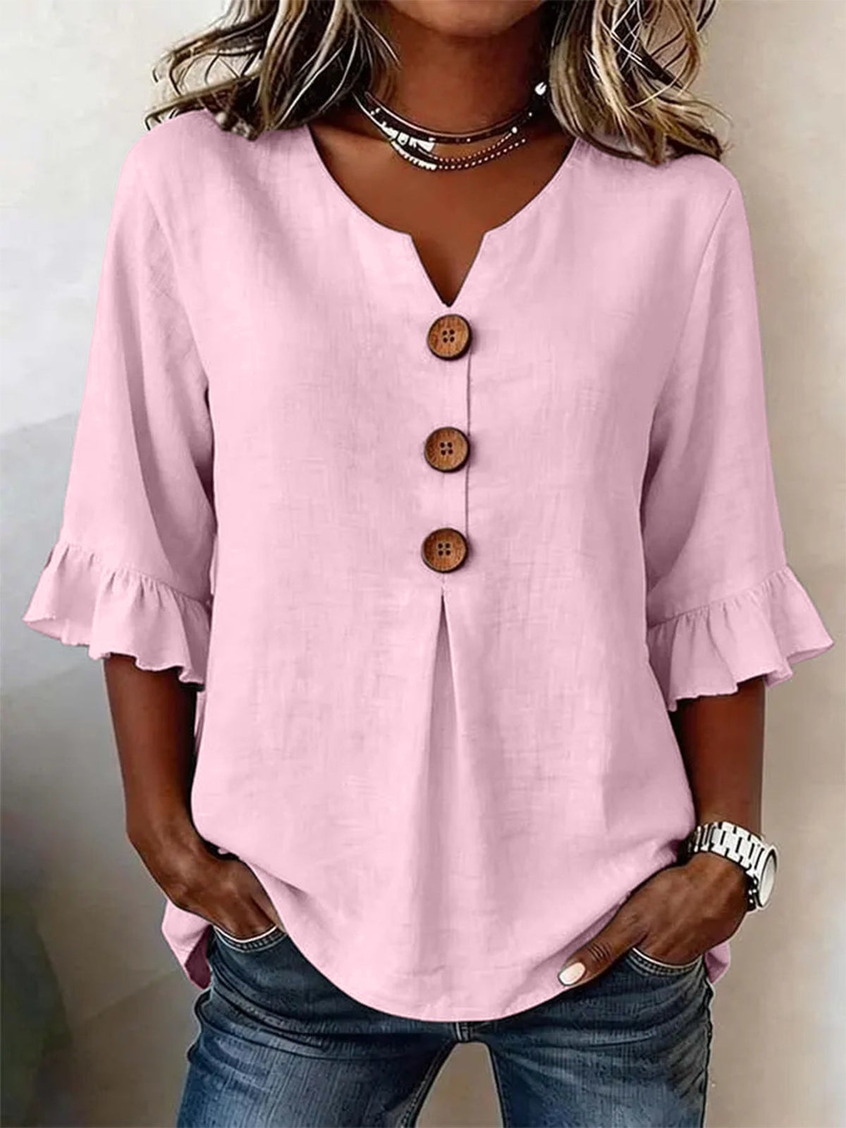 Ruffle-Sleeve Button Blouse